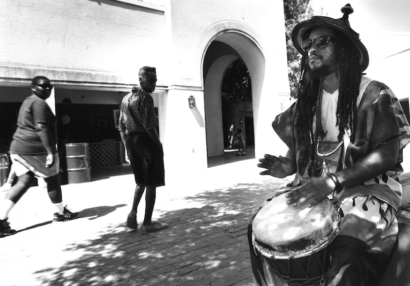 Gaifi Aladfia played his djembe drum at a Juneteenth celebration at Fair Park