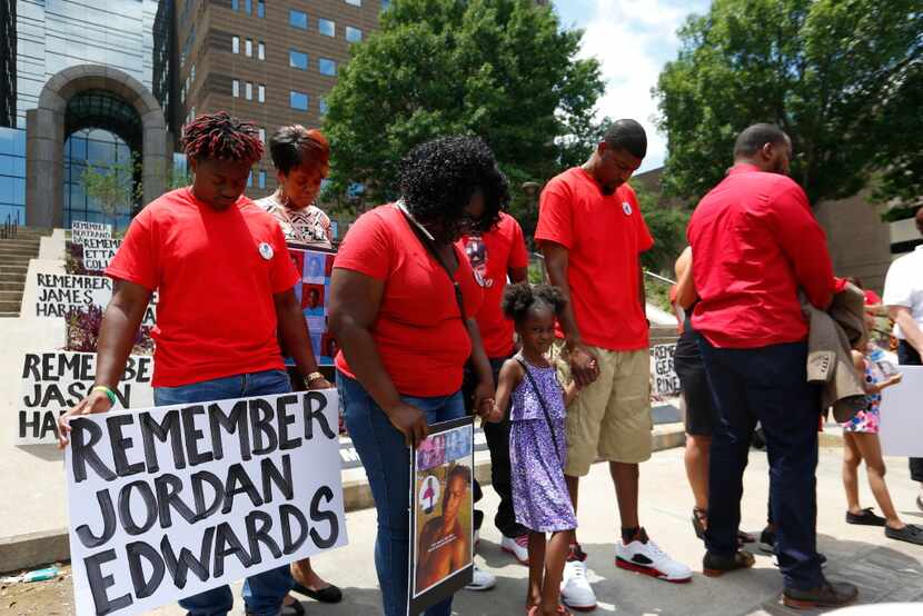 Family members of Jordan Edwards, who was shot and killed by a Balch Springs officer, pray...