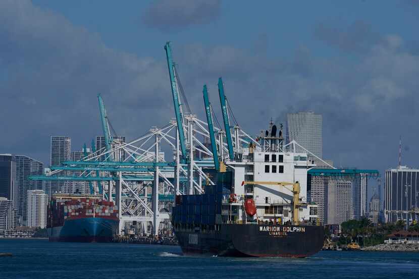 In this April 29 photo, the Warnow-Dolphin container ship enters Port Miami in Miami Beach,...