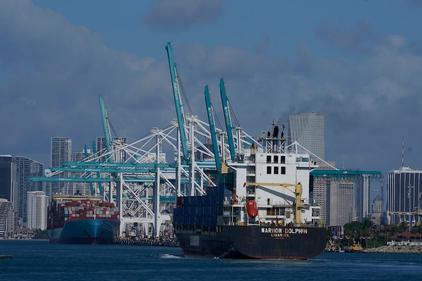 In this April 29 photo, the Warnow-Dolphin container ship enters Port Miami in Miami Beach,...