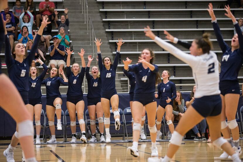 The Flower Mound Jaguars celebrate during a match last week. Flower Mound, No. 10 in the...