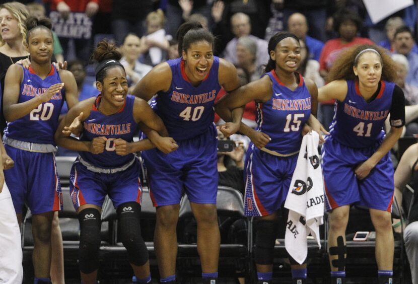 Duncanville's Aniya Thomas (20), Zarielle Green (00), Ciera Johnson (40), Tae Davis (15) and...