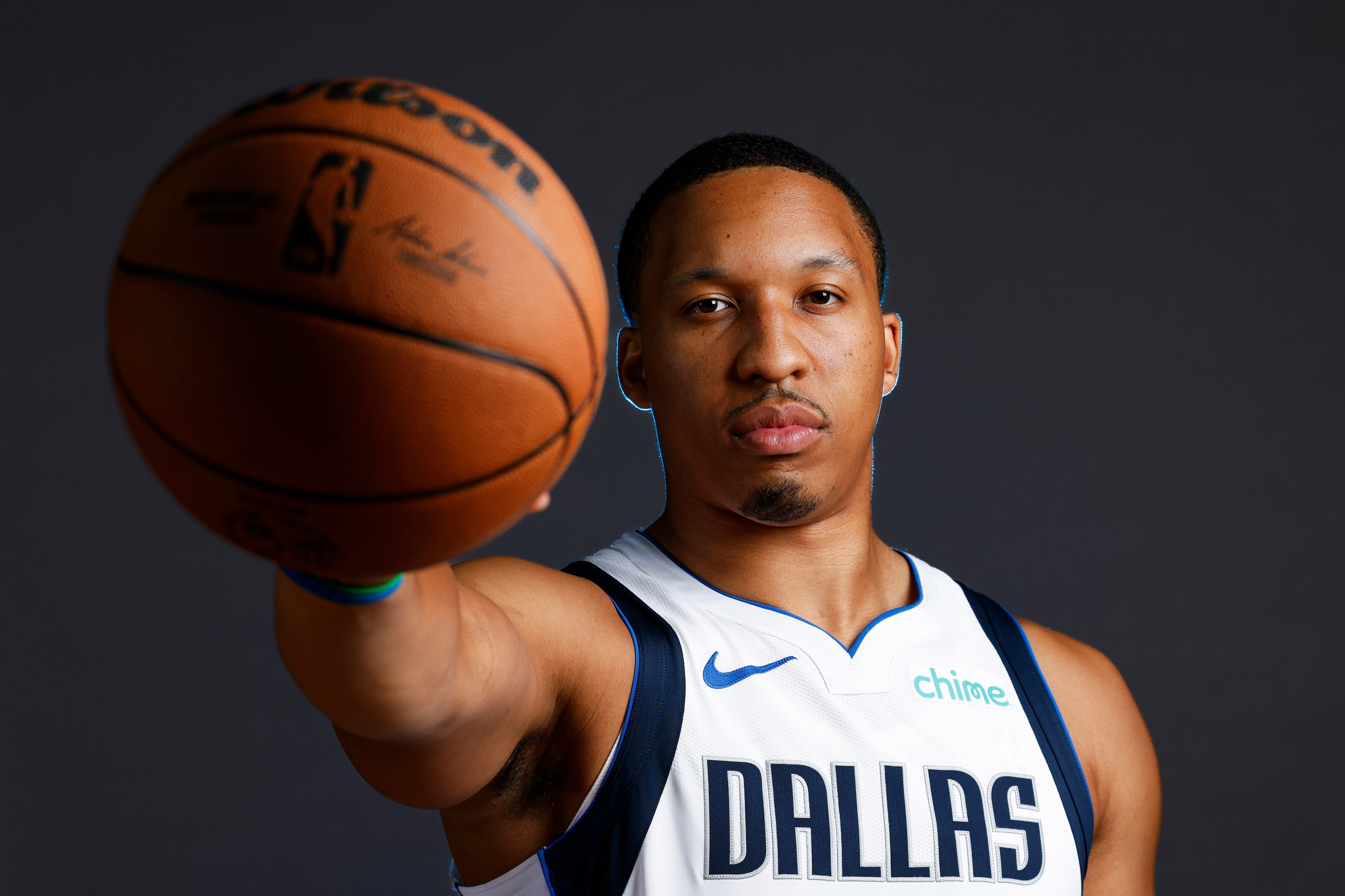 Dallas Mavericks’ Grant Williams poses for a photo during the media day on Friday, Sept. 29,...