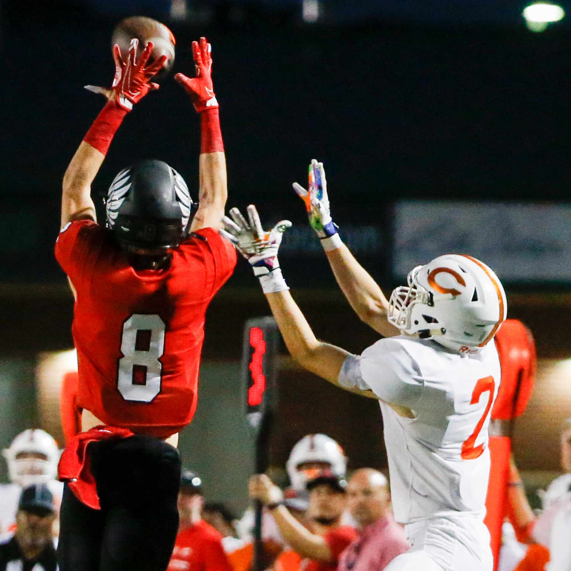 Argyle defensive back Cade Moore (8) intercepts a pass intended for Celina wide receiver...