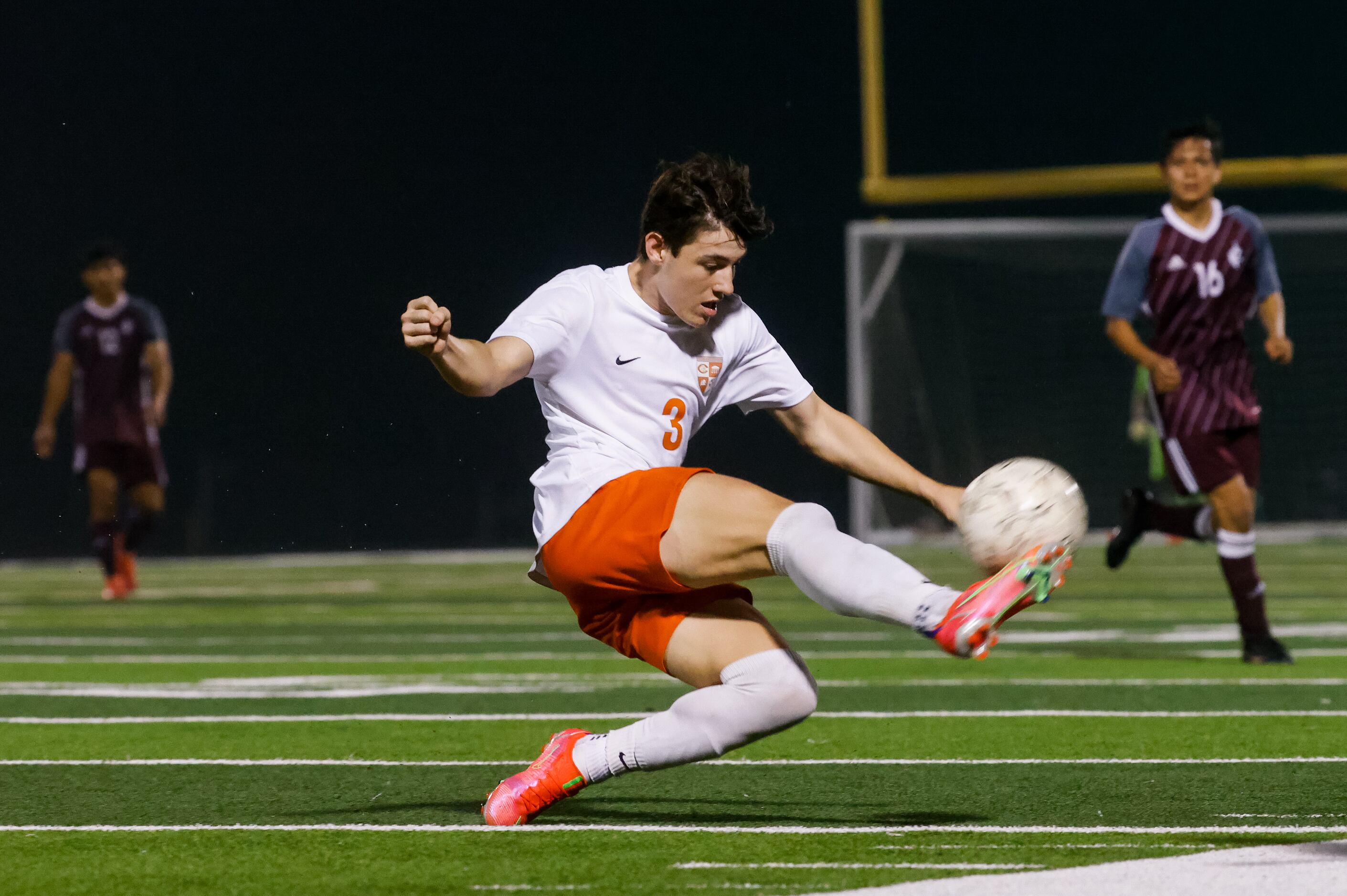 Celina's Josten Watkins (3) dives for the ball during the first half of a boys soccer Class...
