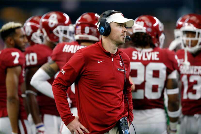 Oklahoma Sooners head coach Lincoln Riley waits for a tv timeout to be over in the second...