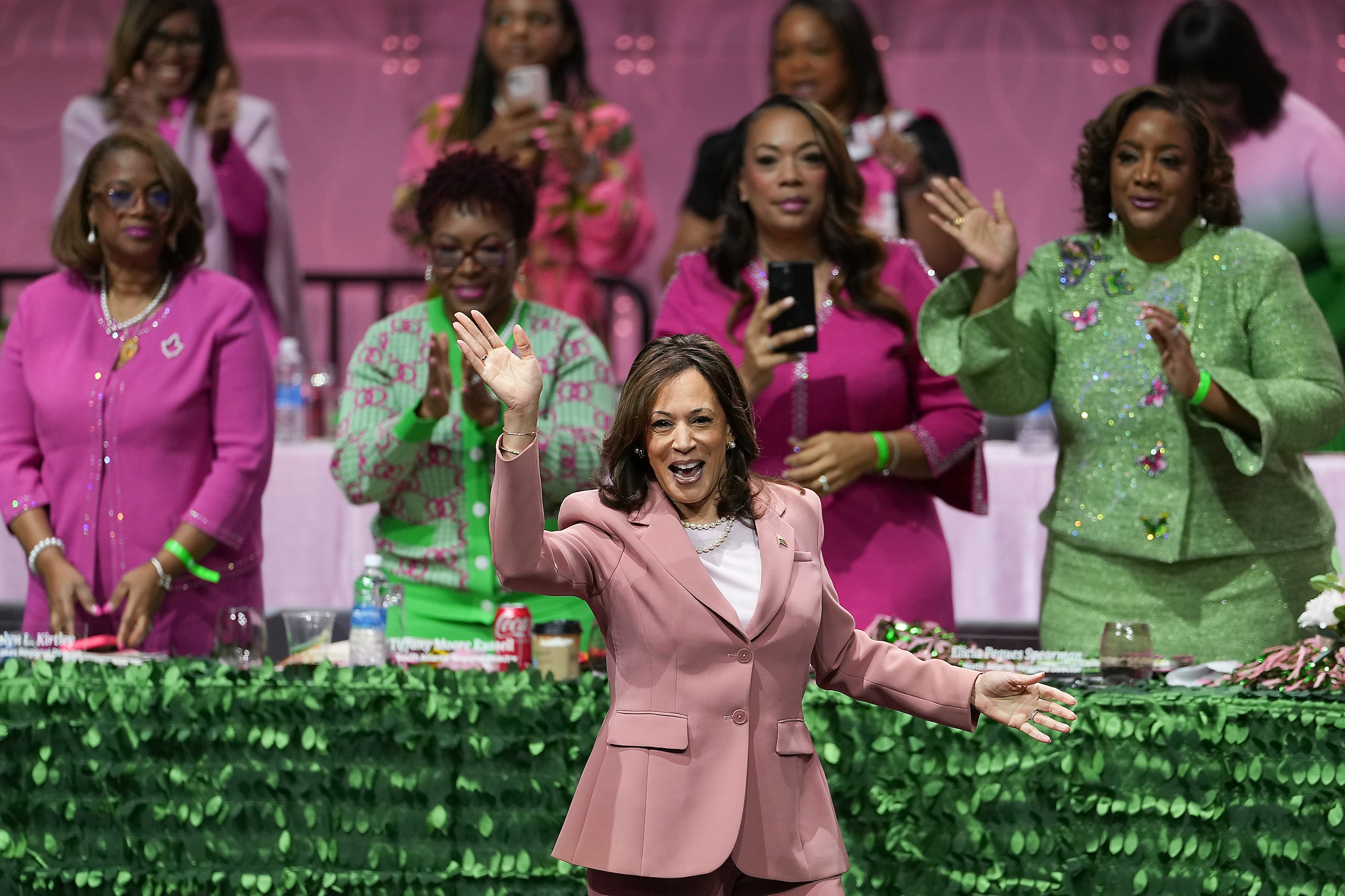 Vice President Kamala Harris waves to the audience after addressing the Alpha Kappa Alpha...