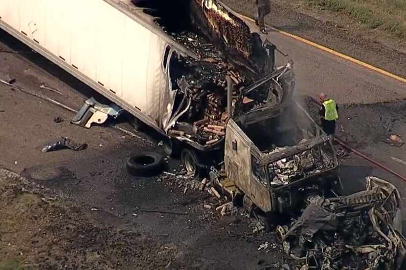 Three people died when an SUV was pinned between two 18-wheelers in Terrell on Tuesday...