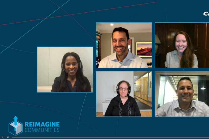 A screenshot of a video conference panel discussion for the 2021 Reimagine Communities Summit.