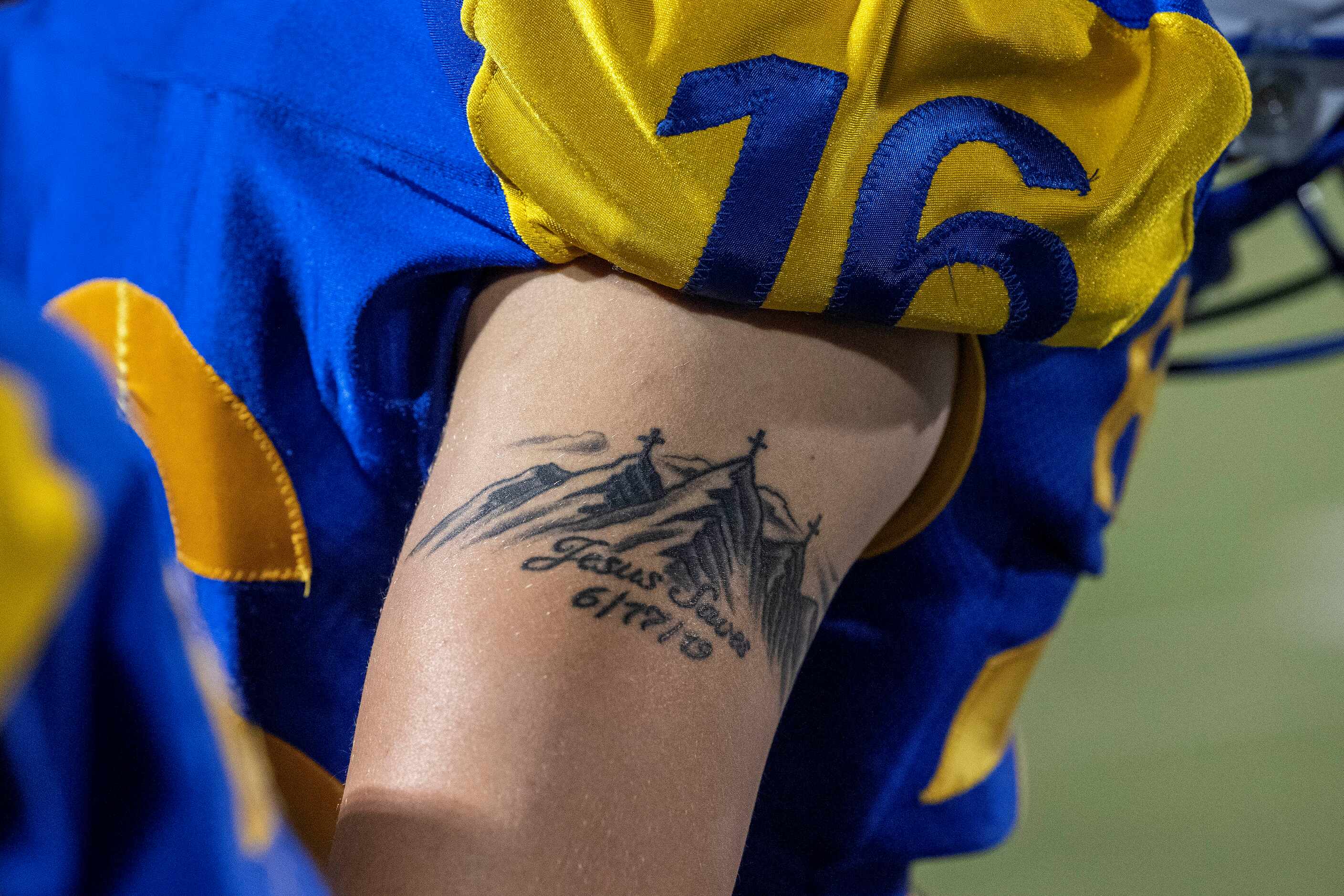 Sunnyvale senior tight end Caden Janicek (16) sports a “Jesus Saves” tattoo during a...