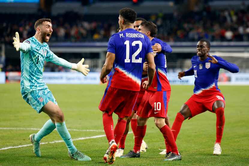 United States goalkeeper Matt Turner (1) reacts after a Jamaica own goal tied the game in...