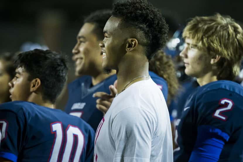 Former Allen, now Texas A&M, quarterback  Kyler Murray watches from the sidelines during the...