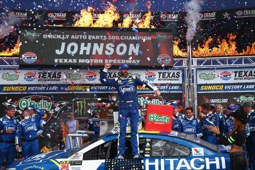 FORT WORTH, TX - APRIL 09:  Jimmie Johnson, driver of the #48 Lowe's Chevrolet, celebrates...