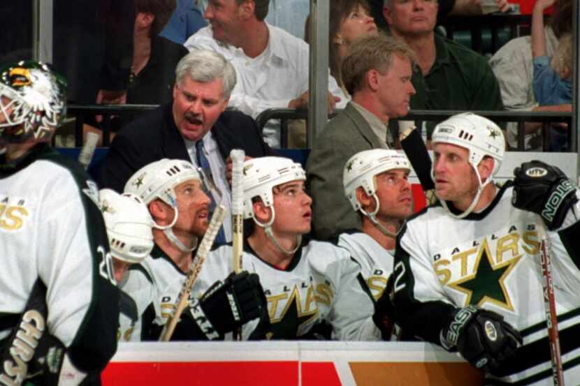 The Dallas Stars bench and coach Ken Hitchcock in the second period of their Game 5 Saturday...