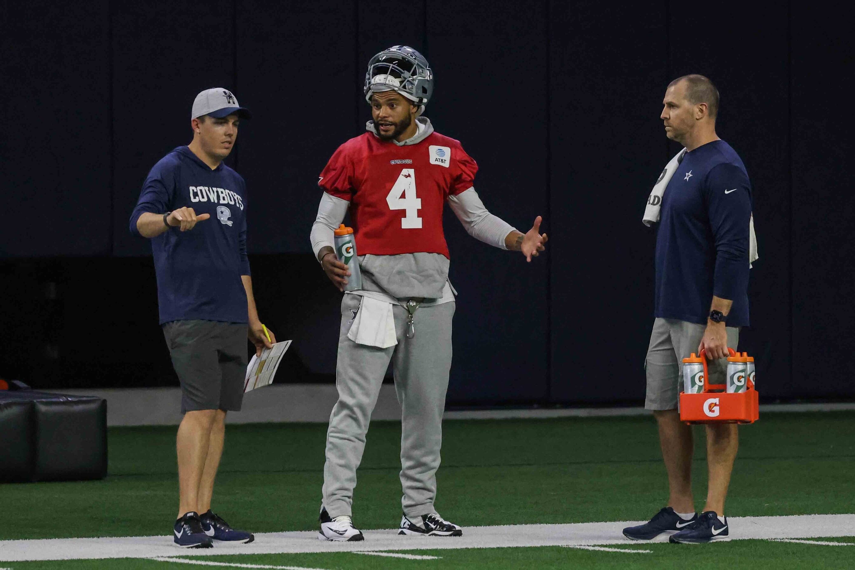 Cowboys' quarterback Dak Prescott #4 during practice at the Ford Center in Frisco on...