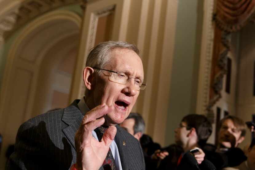 Senate Majority Leader Harry Reid of Nev. tells reporters that he was pleased that six...