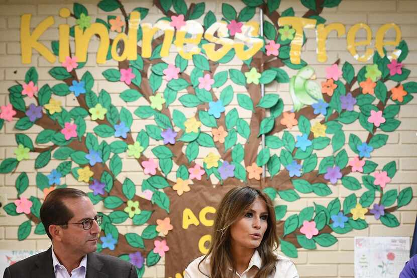 First lady Melania Trump and Health and Human Services Secretary Alex Azar take part in a...