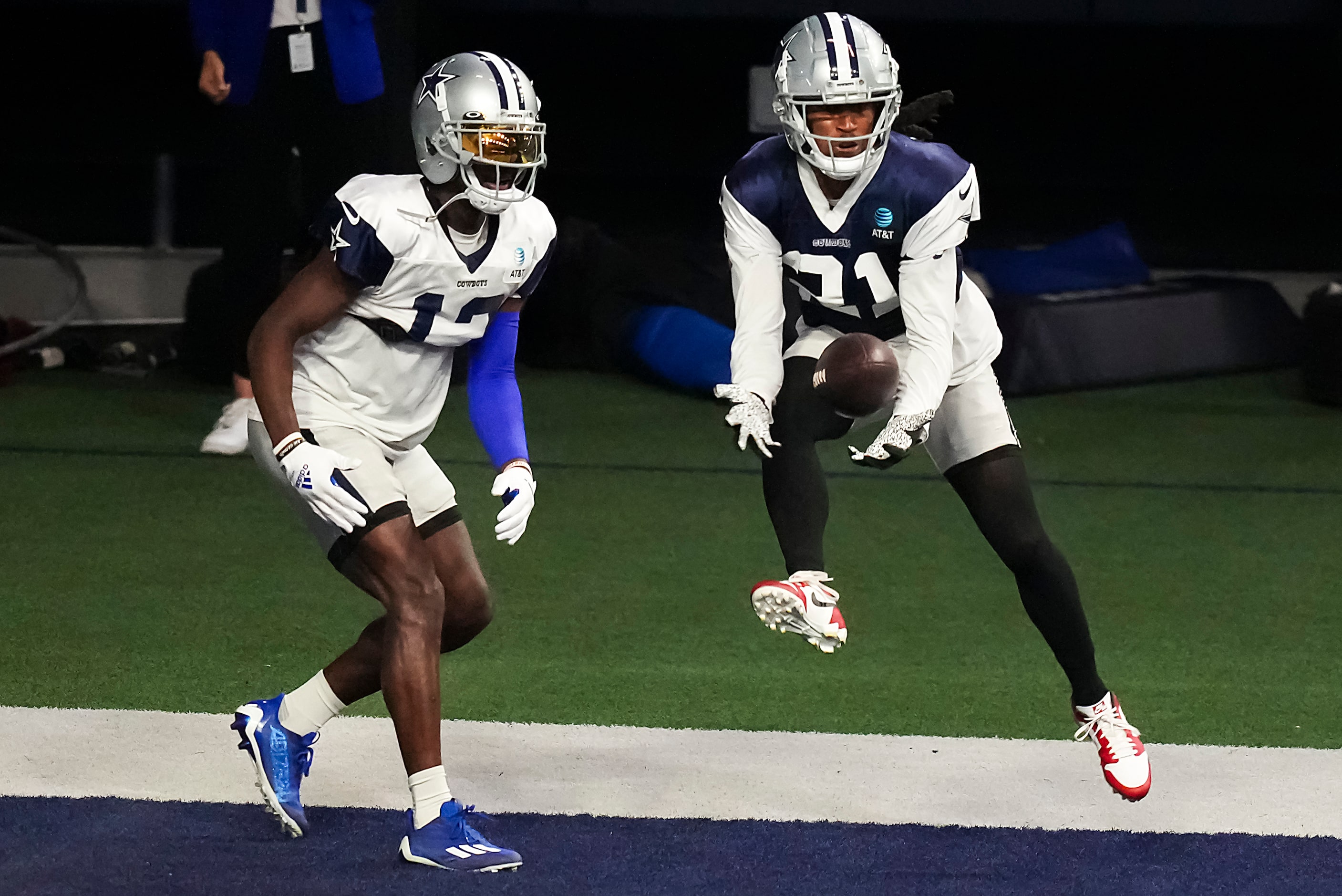 Dallas Cowboys cornerback Stephon Gilmore (21) intercepts a pass intended for wide receiver...