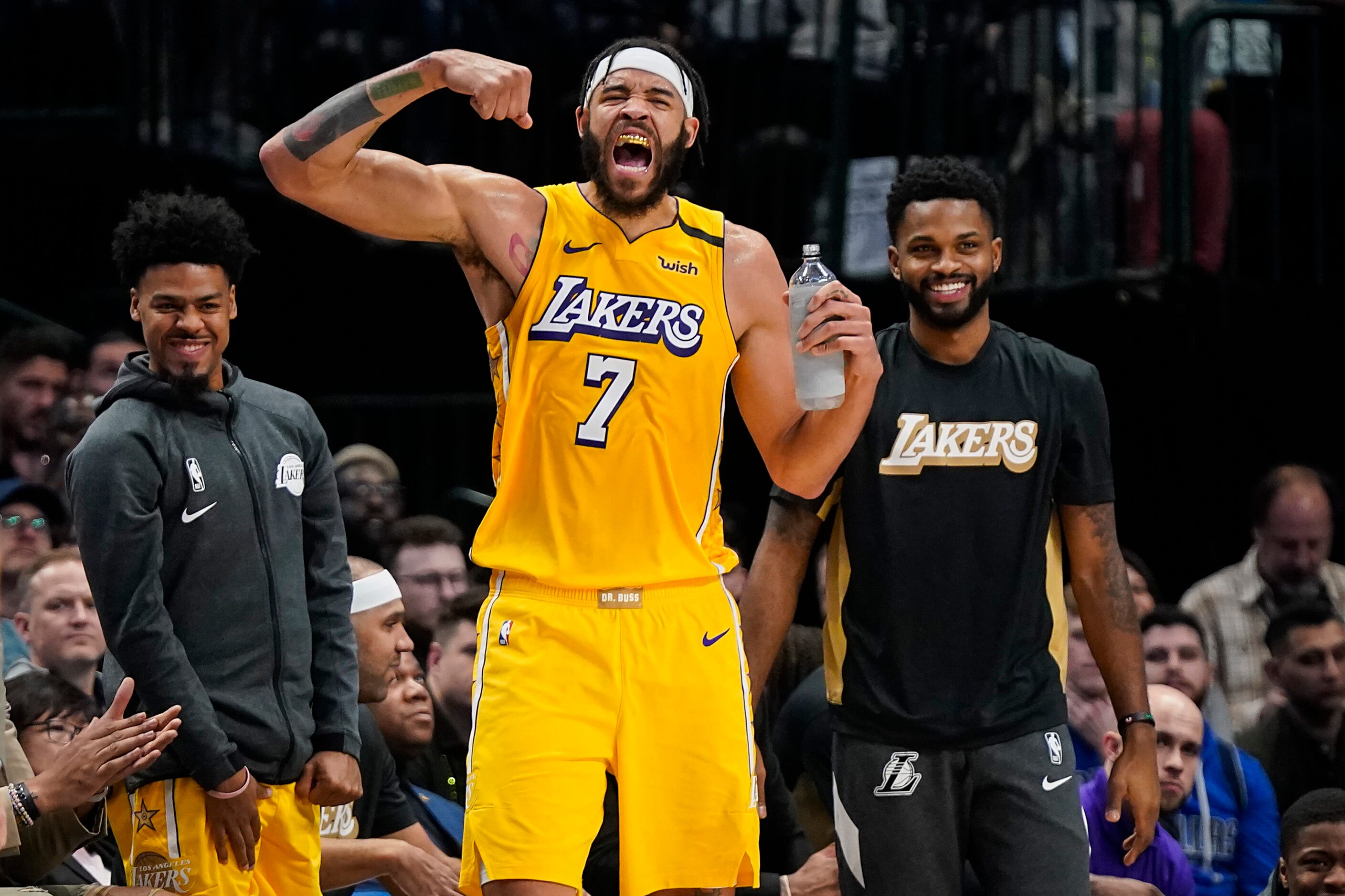 Los Angeles Lakers center JaVale McGee (7) celebrates a Lakers basket during the first half...