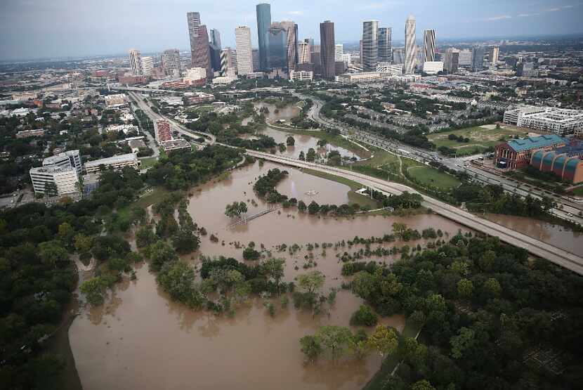 Flooding continues to be shown near downtown Houston. 