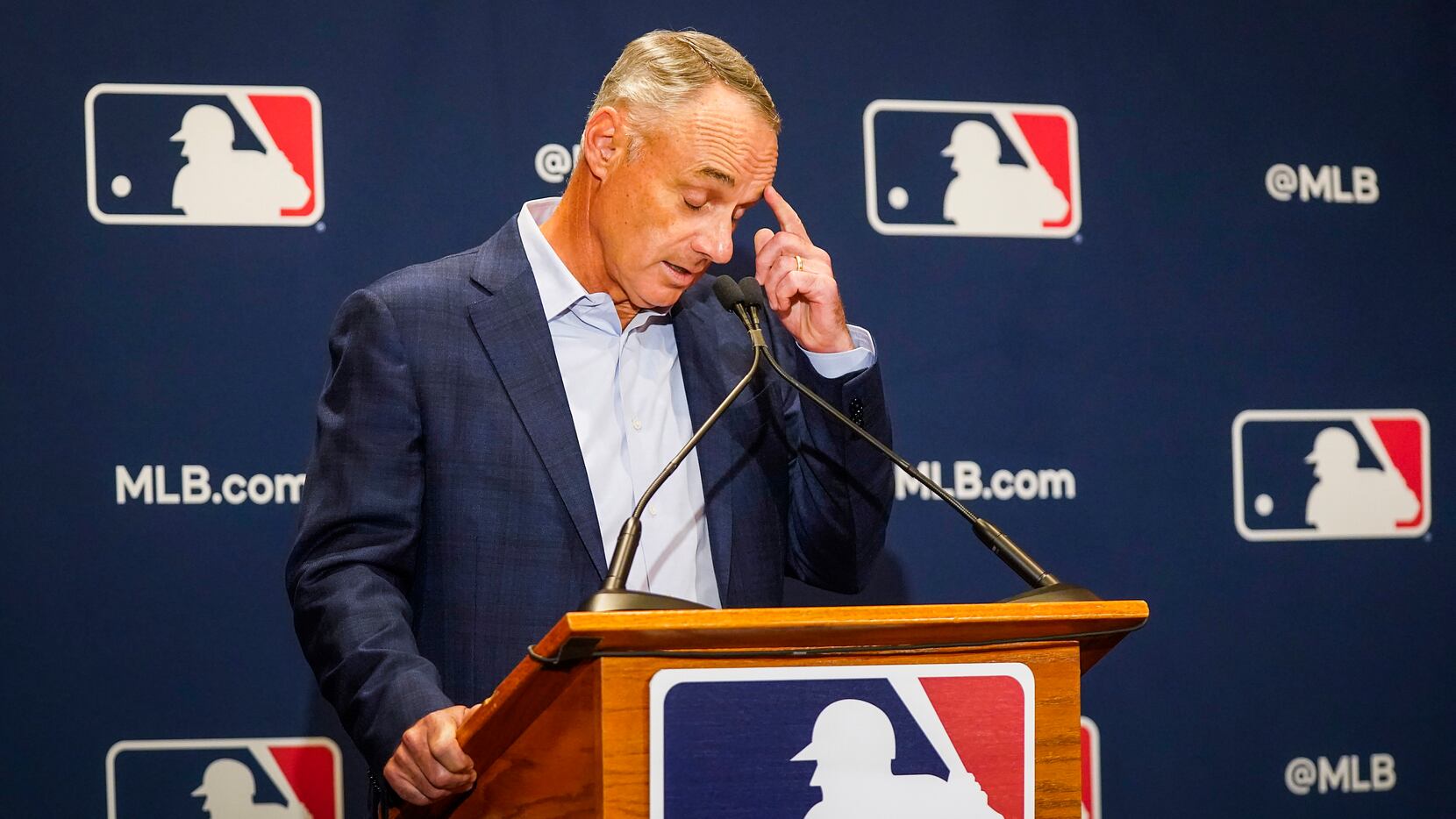 Major League Baseball commissioner Rob Manfred addresses reporters during MLB Media Day...