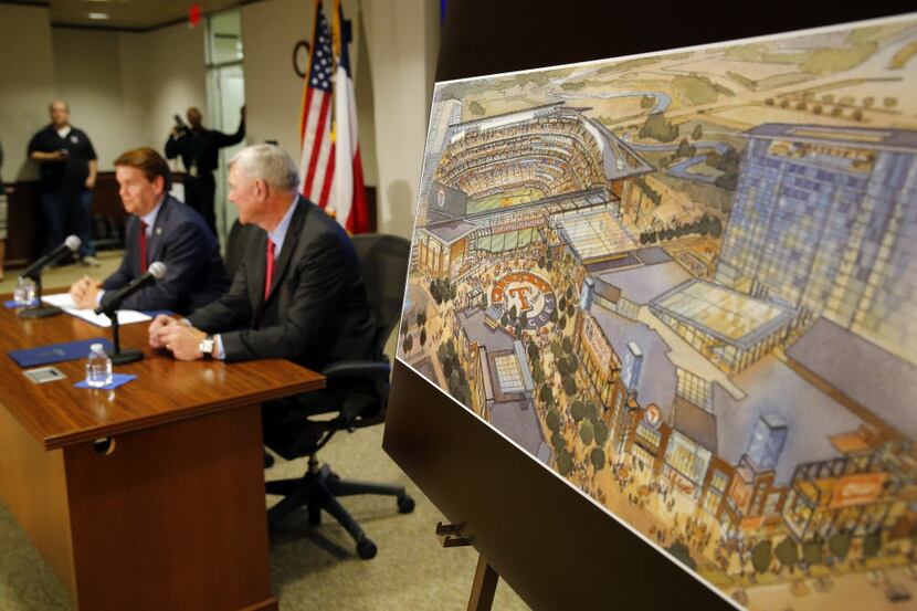A artist reddening of the proposed new ballpark and entertainment center is on display as...