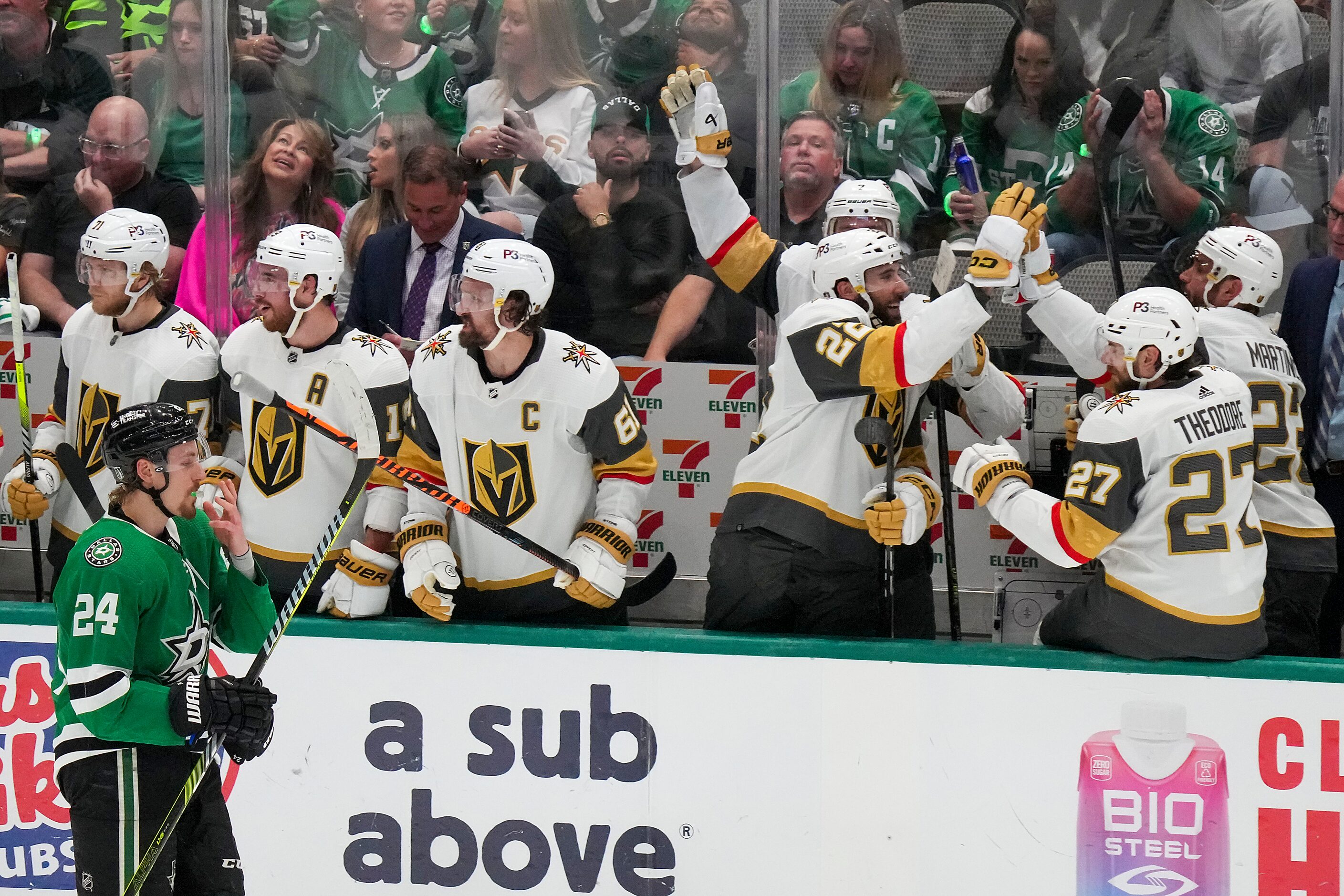 Dallas Stars center Roope Hintz (24) skates away as player on the Vegas Golden Knights bench...