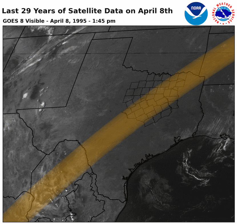 Last 29 years of satellite data on April 8th for Texas, highlighting the solar eclipse path.