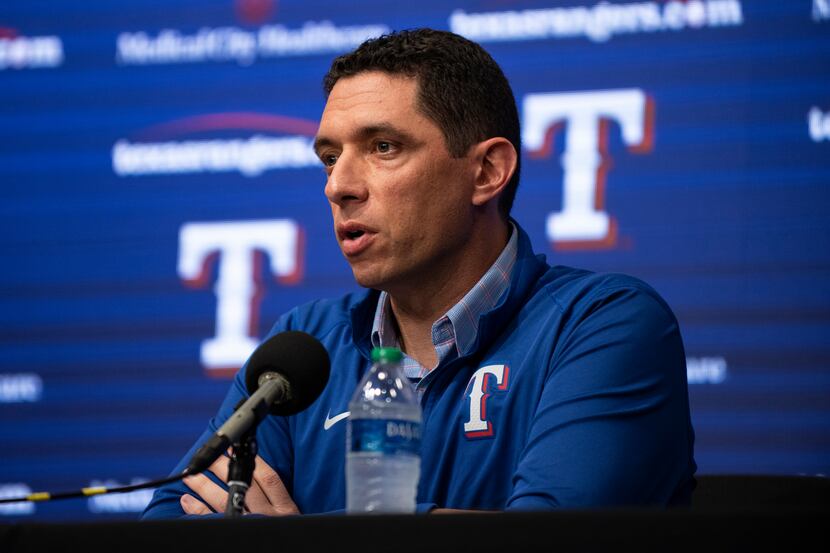 Texas Rangers President of Baseball Operations Jon Daniels answers a question during the...