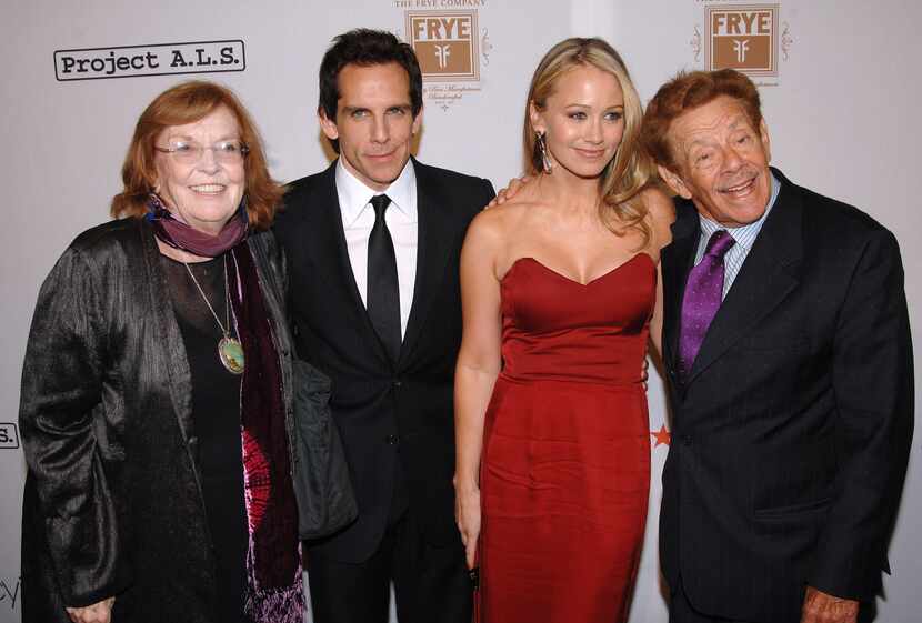 FILE- An Oct. 7, 2008, file photo, from left, Actors Anne Meara, Ben Stiller, Christine...