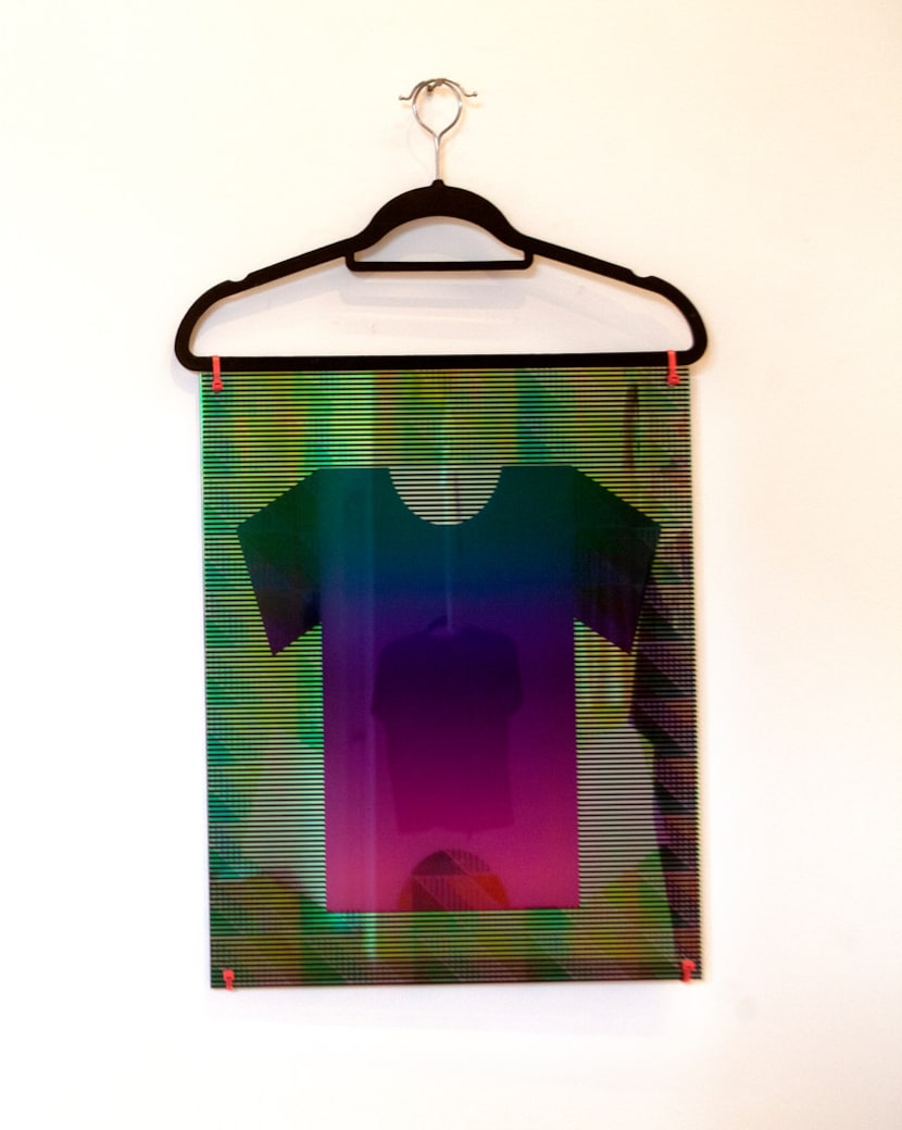 Brooklyn artist Kate Kosek, Kewl Lewk, 2019, UV pigment on plexiglass, zip ties and clothes...