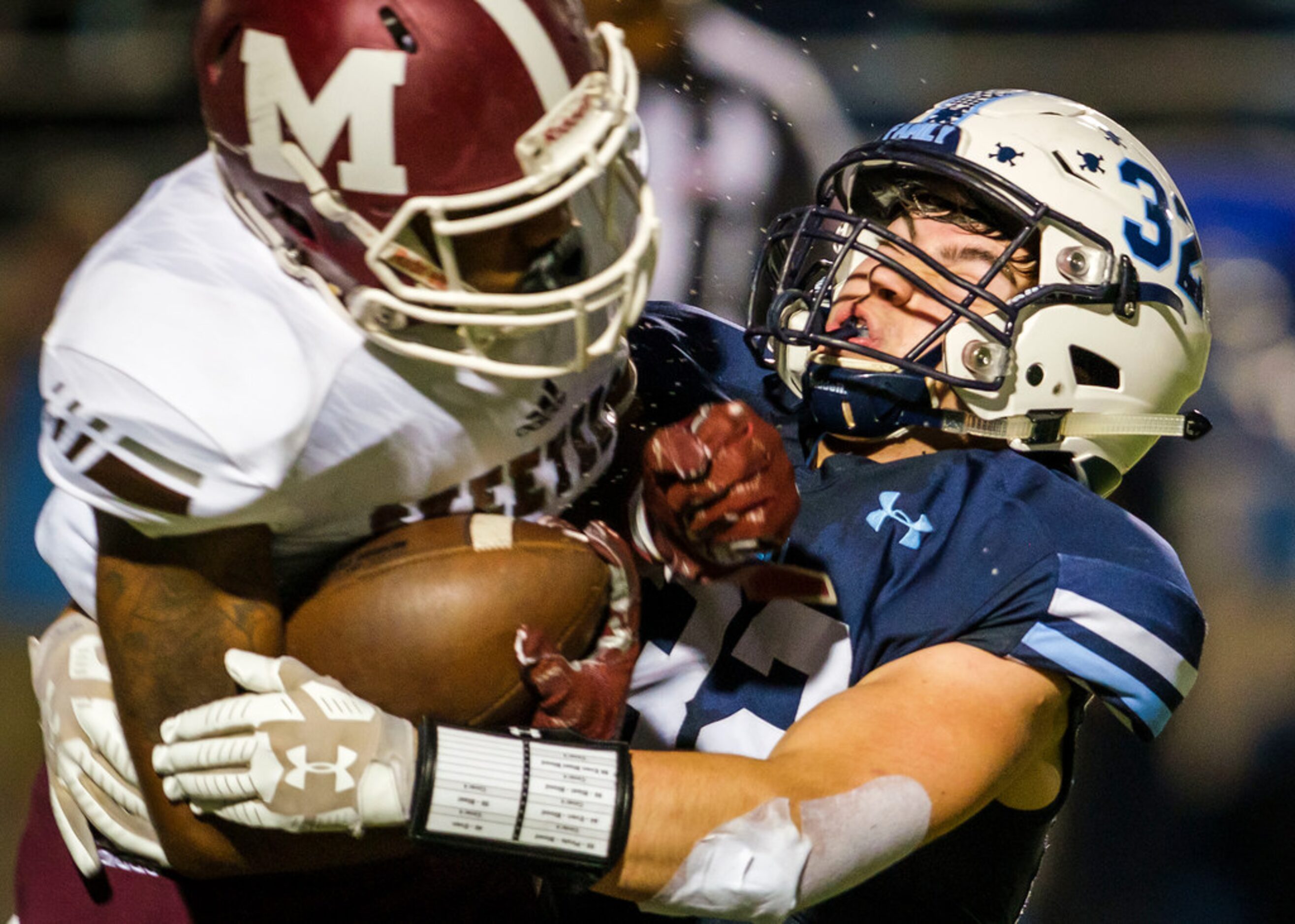 L.D. Bell middle linebacker Ethan Schackman (32) brings down Mesquite wide receiver Keldrick...