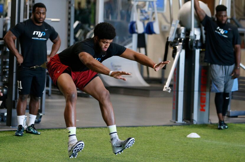 Arkansas' Deatrich Wise Jr. jumps during a workout at Michael Johnson Performance in...