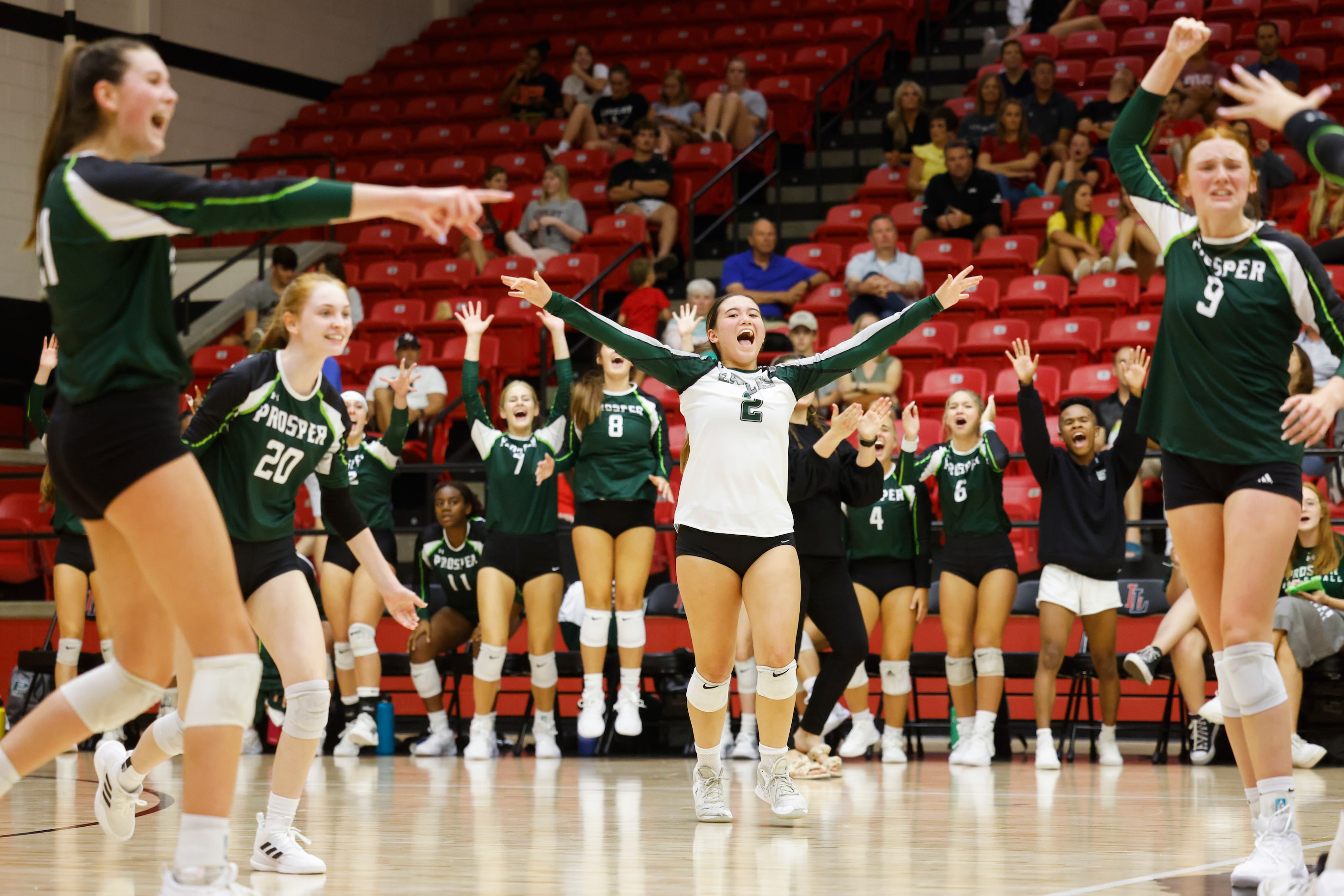 Prosper players including Brooklyn Bowman (2) celebrates a point against Lovejoy during a...