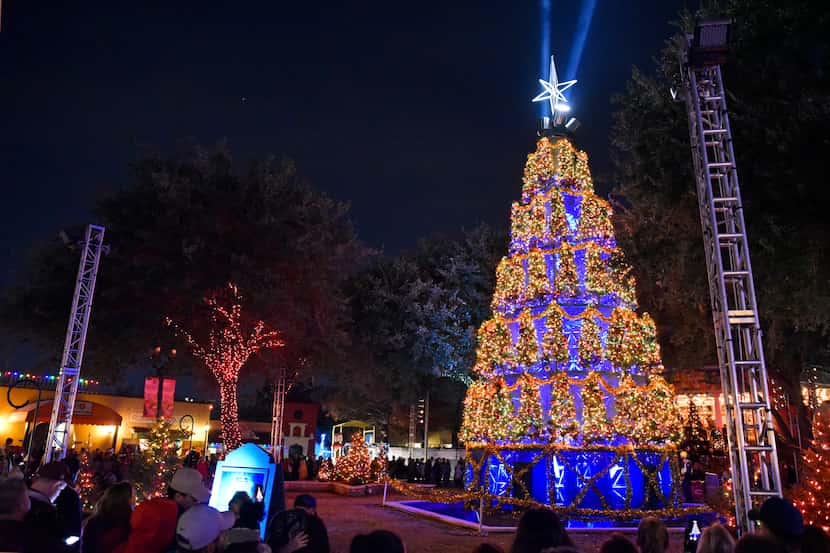 El espectacular árbol navideño se ilumina cada noche en Six Flags para su evento anual...
