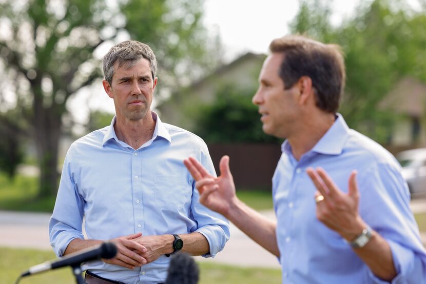 Democratic gubernatorial candidate Beto O’Rourke listens as State Sen. Nathan Johnson speaks...