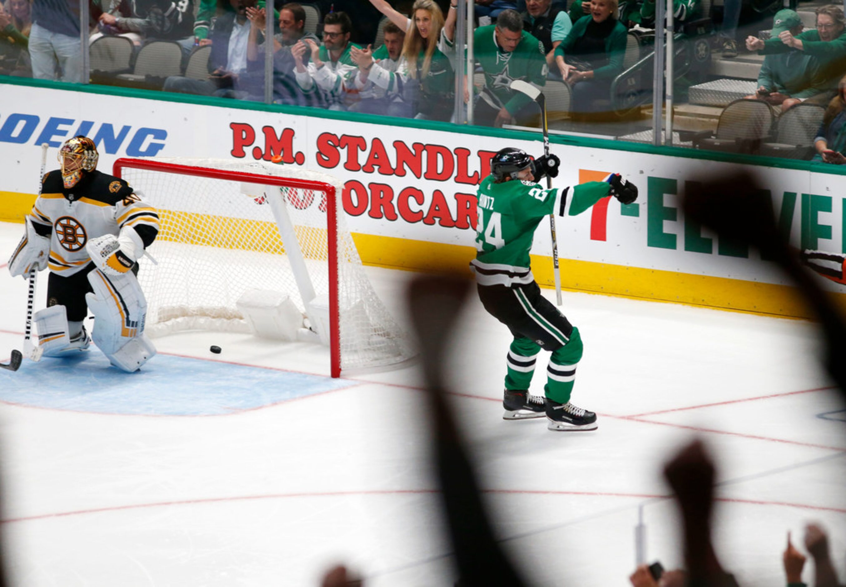 Dallas Stars left wing Roope Hintz (24) celebrates after scoring on Boston Bruins goaltender...