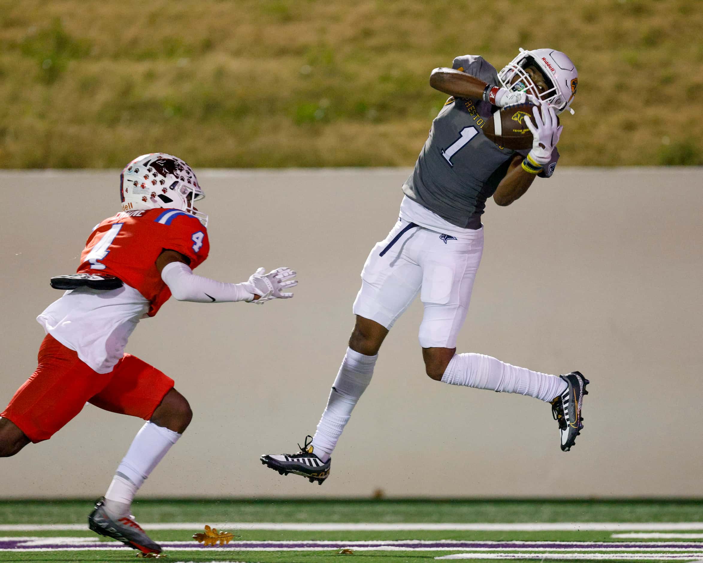 Prestonwood Christian wide receiver Cha’ris Jackson (1) catches a pass for a touchdown over...