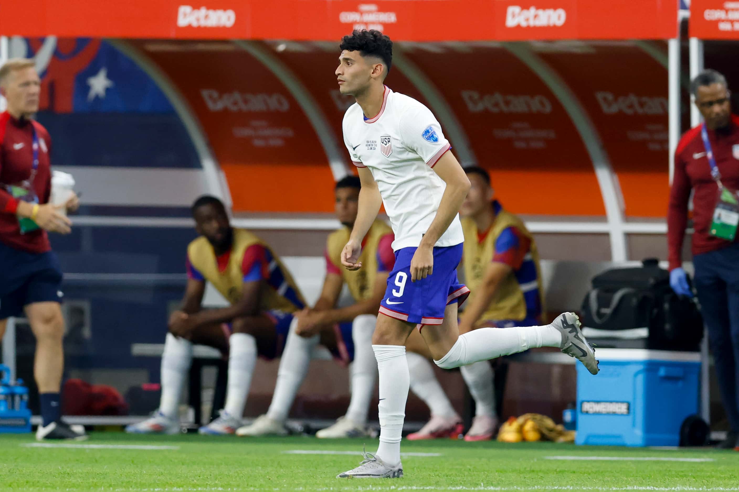United States forward Ricardo Pepi (9) takes the field during the second half of a Copa...