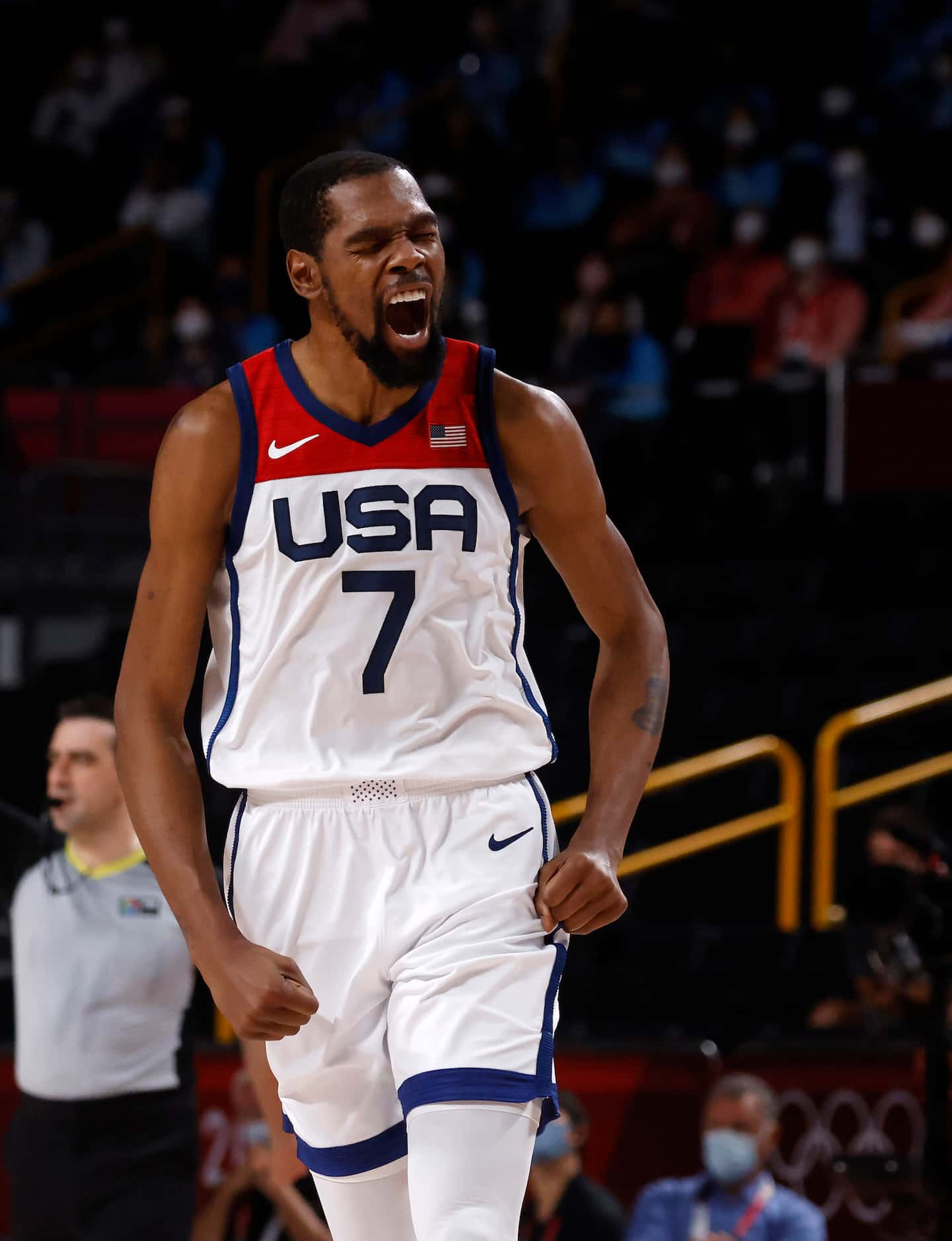 USA’s Kevin Durant celebrates after making a three pointer in a game against France during...