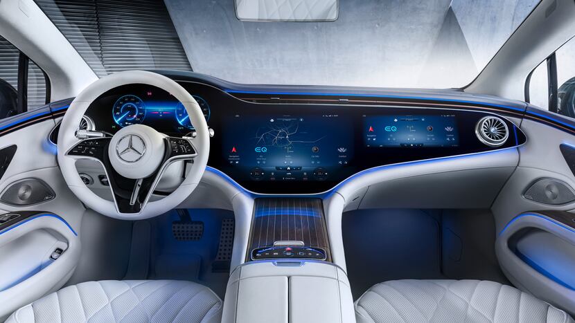 The 56-inch Hyperscreen houses three OLED screens, including a screen for the front seat...