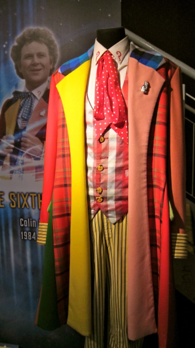 The colorful costume of the sixth actor to play the Doctor, on display at the Doctor Who...