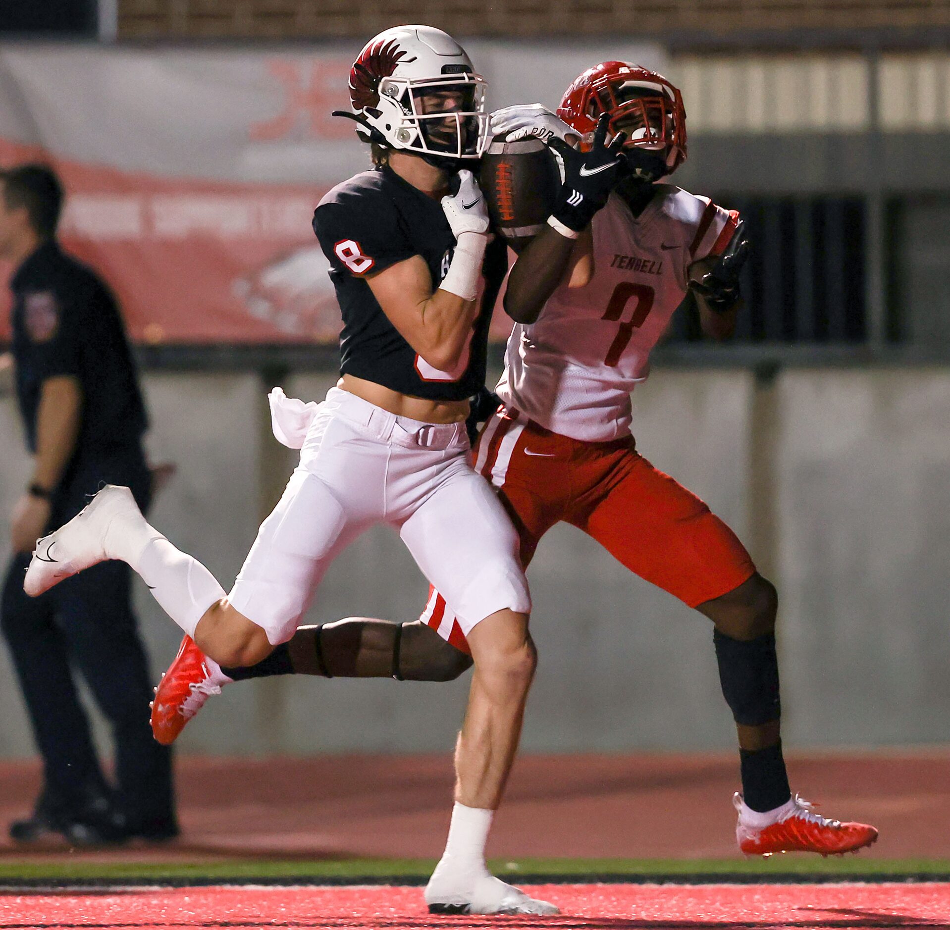 Argyle defensive back Cade Moore (8) comes up with a interception against Terrell wide...