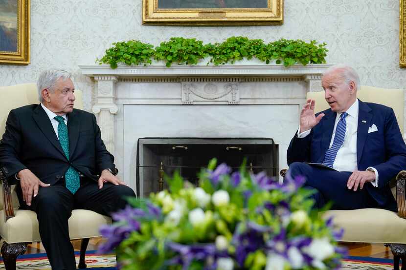 President Joe Biden speaks as he meets with Mexican President Andrés Manuel López Obrador in...