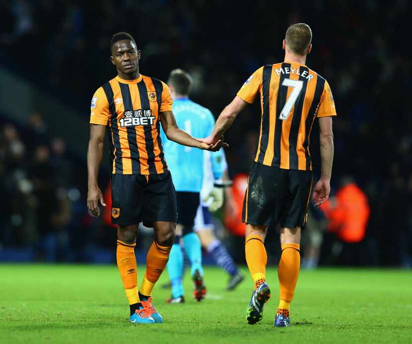 WEST BROMWICH, ENGLAND - JANUARY 10:  Maynor Figueroa and David Meyler of Hull City looks...