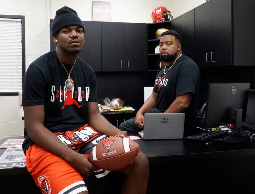 Mesquite Horn linebacker D’Myyn Evans-Smith and his coach Courtney Allen at the school in...