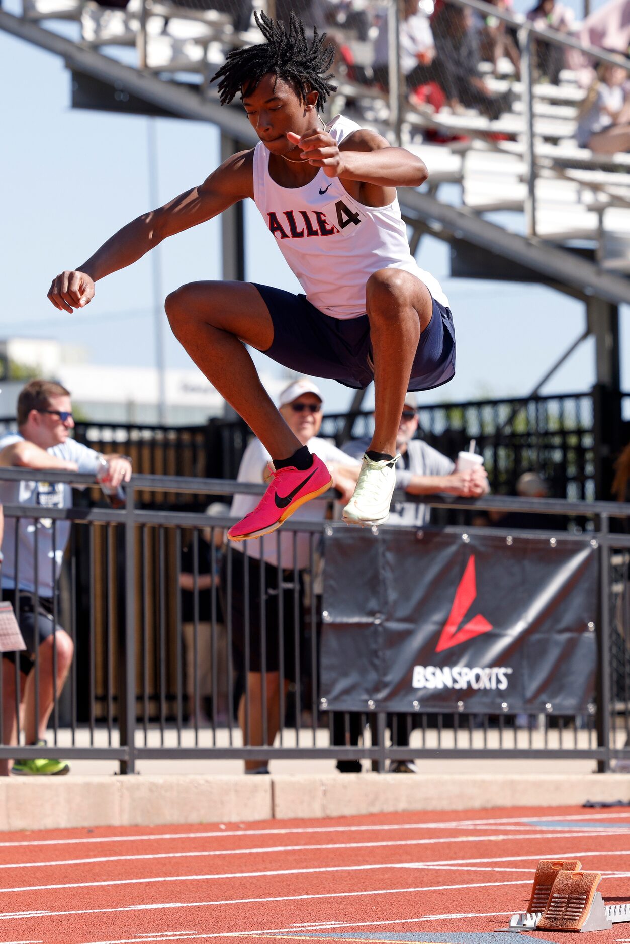 Allen’s Jonathan Simms warms up before the 6A 400 meter dash during the Jesuit-Sheaner...