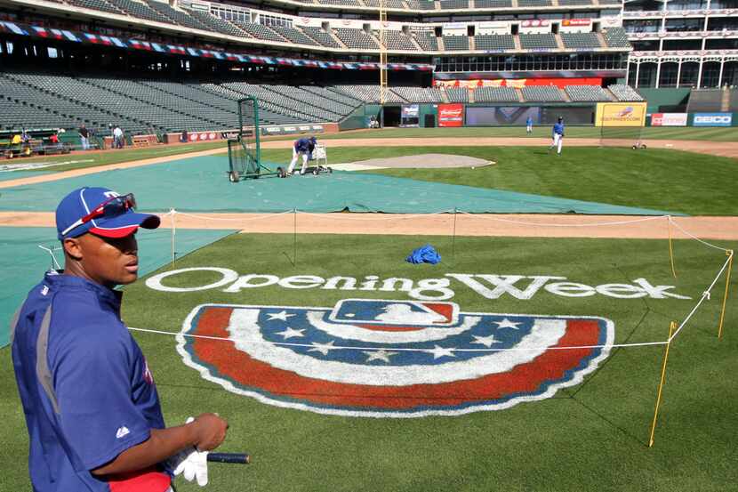 Texas Rangers third baseman Adrian Beltre prepared for batting practice at Rangers Ballpark...