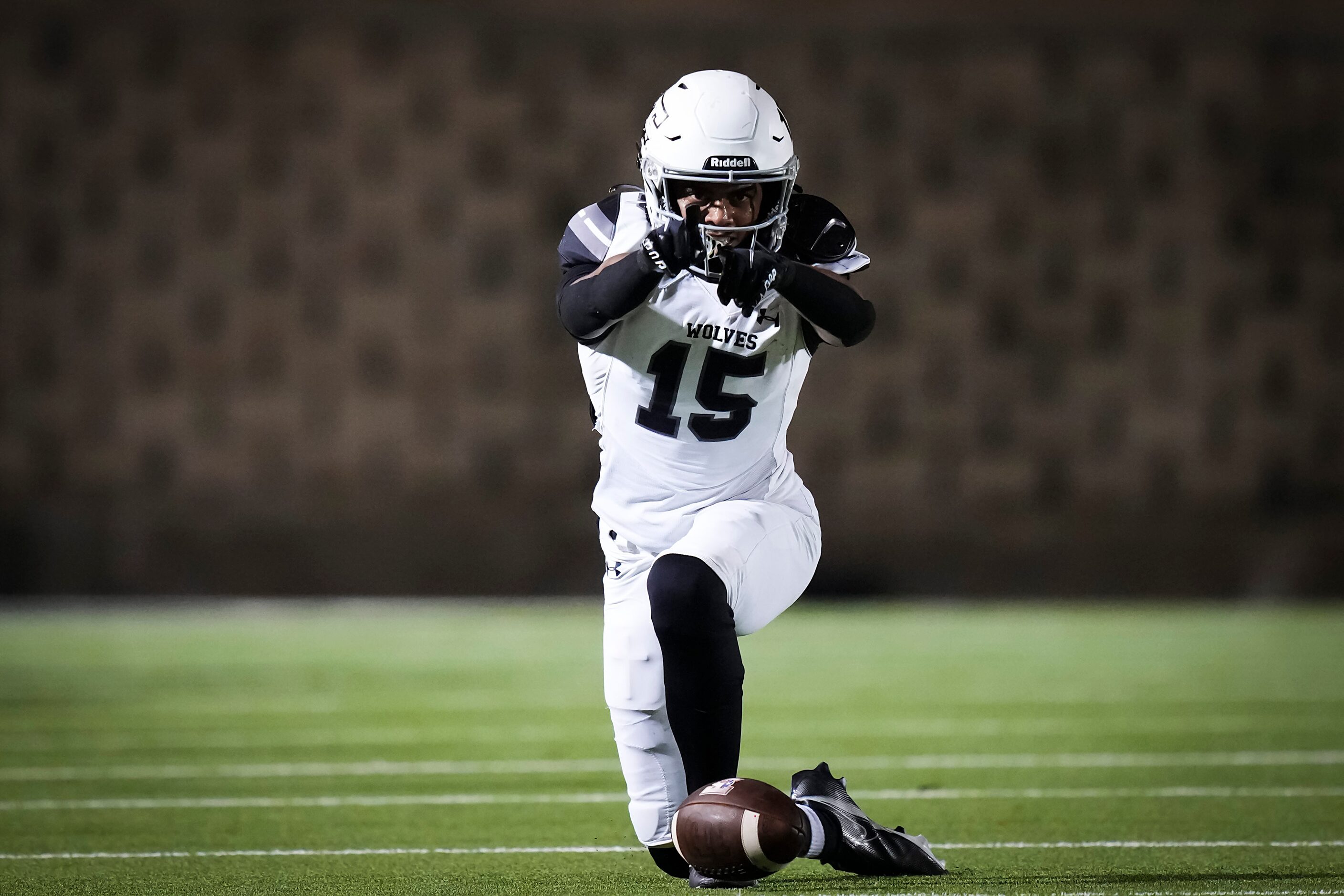 Mansfield Timberview wide receiver Titus Evans (15) celebrates after catching a long pass...