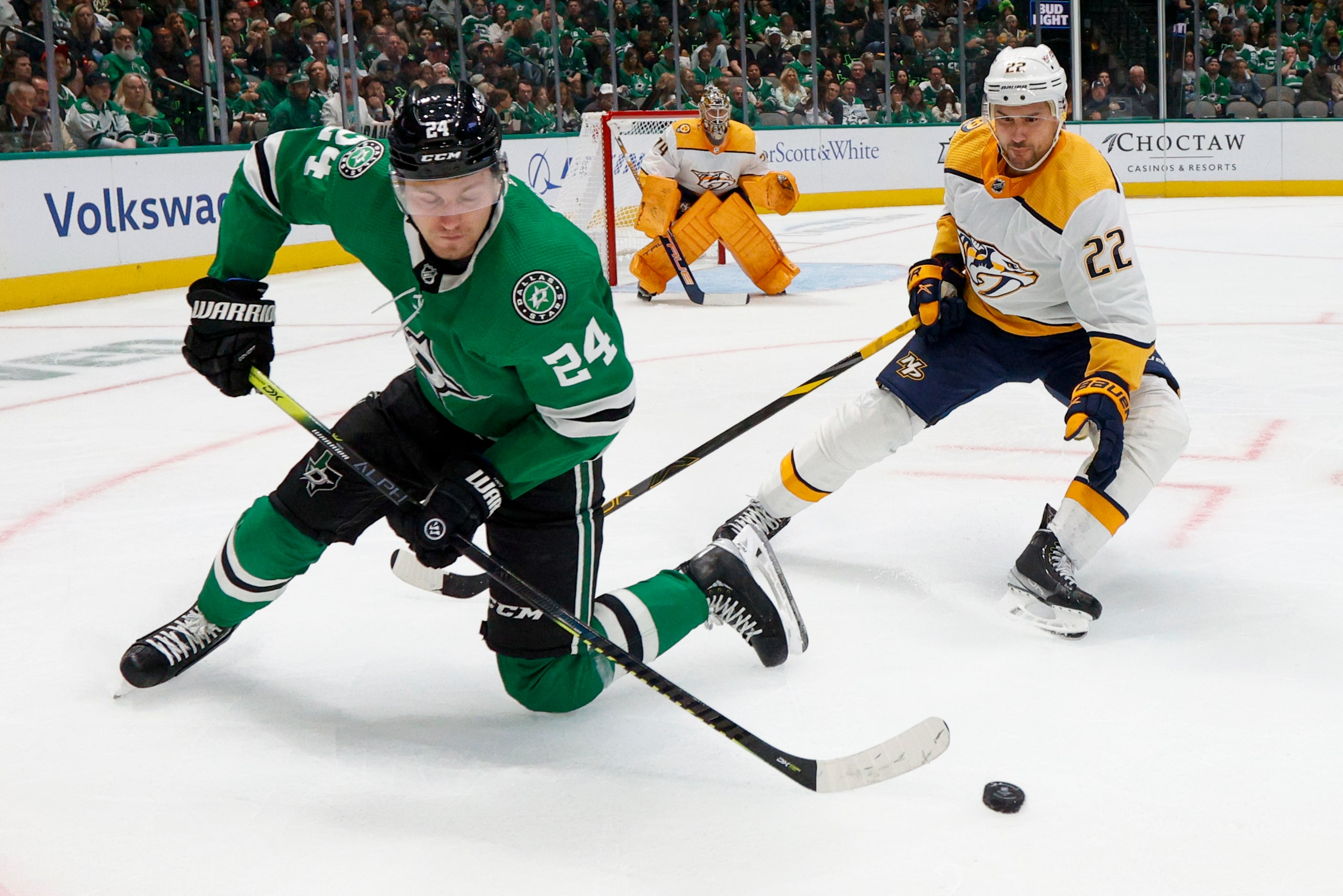 Dallas Stars center Roope Hintz (24) skates with the puck away from Nashville Predators...